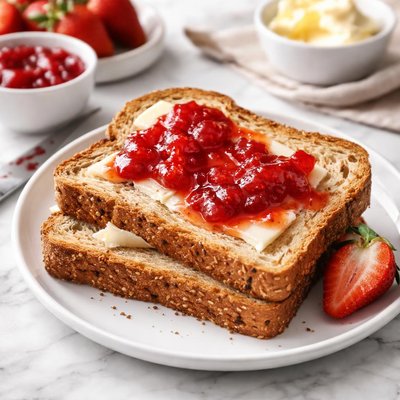 Whole grain toast with butter and strawberry jam