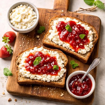 Whole grain toast with cottage cheese and jam