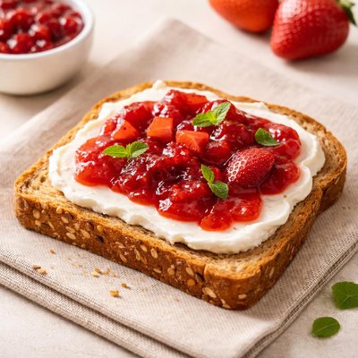 Whole grain toast with cream cheese and strawberry jam