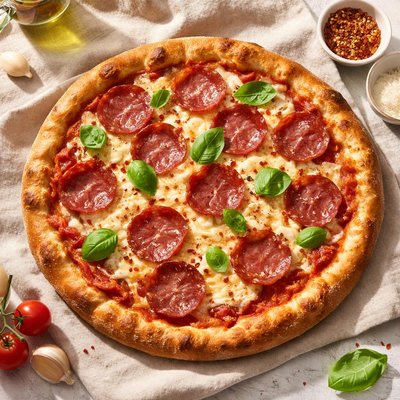 Whole pizza with salami