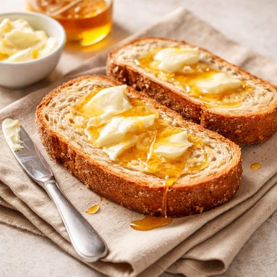 Whole wheat bread with butter and honey