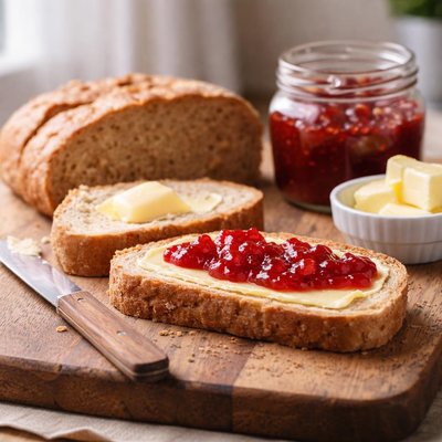 Whole wheat bread with butter and jam