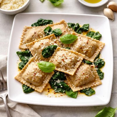 Whole wheat ricotta spinach ravioli