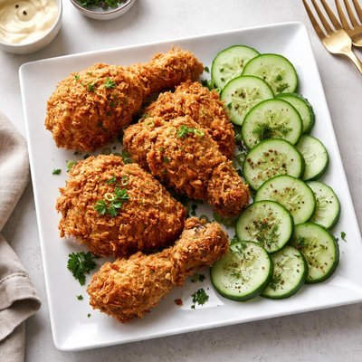 Wholefood fried chicken with cucumber slices