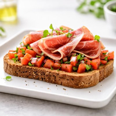 Wholegrain toast with salsa and jamon