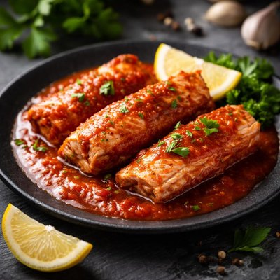 Wild salmon canned in tomato sauce