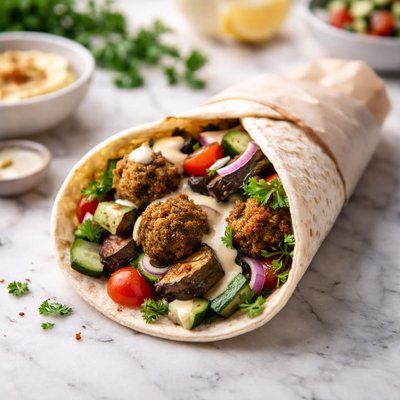 Wrap falfel eggplants tomato cucumber