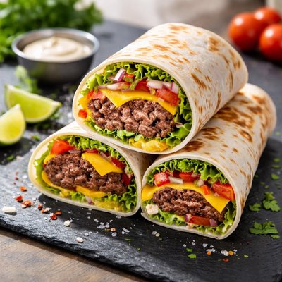 Wrap with beef patty and cheese