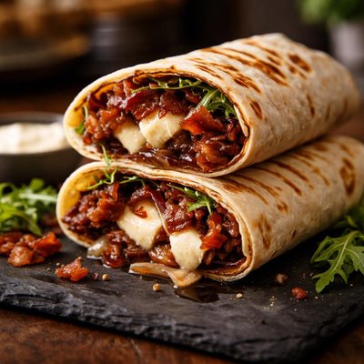 Wrap with brie soft cheese rad with red caramelised onion and bacon