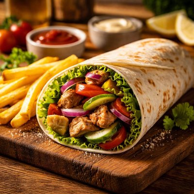 Wrap with onion tomato cucumber lettuce fries