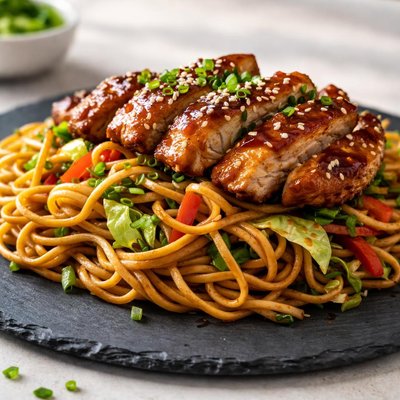 Yaki soba with terriyaki chicken