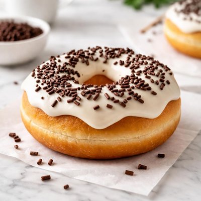 Yeast donut with vanilla frosting and chocolate sprinkles