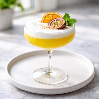 Yellow cocktail with foam and fruit garnish