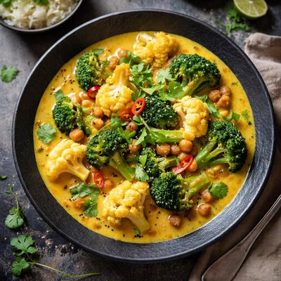 Yellow curry with cauliflower and broccoli