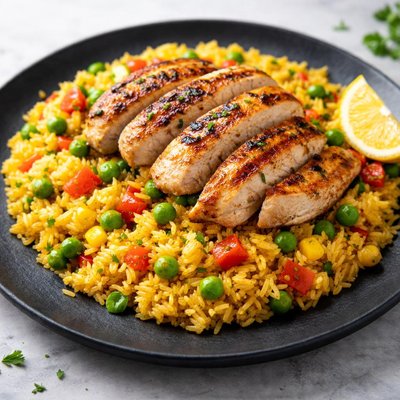 Yellow rice and chicken and vegetables