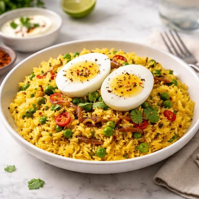 Yellow rice with boiled egg