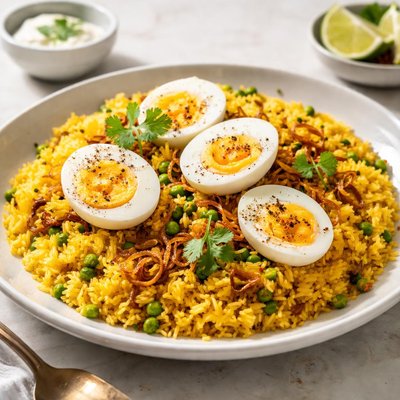 Yellow rice with boiled eggs