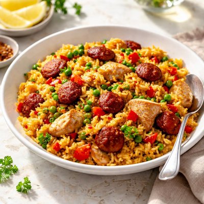 Yellow rice with chorizo and chicken