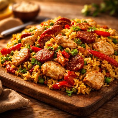 Yellow rice with chorizo and chicken and vegetables