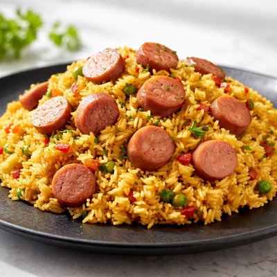 Yellow rice with vienna sausage