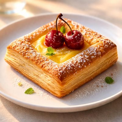 Yellow square pastry with cherry