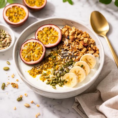 Yoghurt bowl with passion fruit and seeds