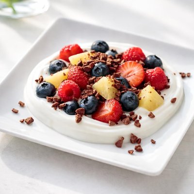 Yoghurt with berries and sprinkled cacao nibs and pineapple