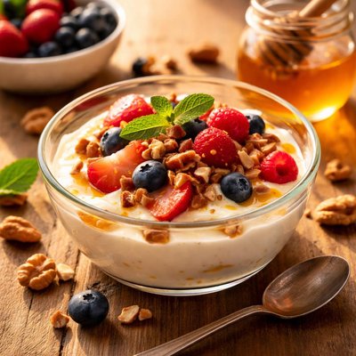 Yogurt and honey dessert with nuts and berries