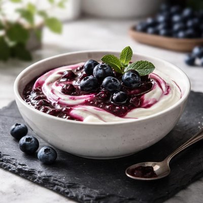 Yogurt with blueberry sauce