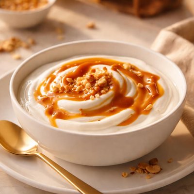Yogurt with caramel sauce