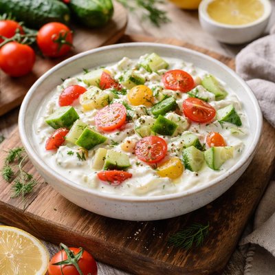 Yogurt with cucumbers and tomatoes