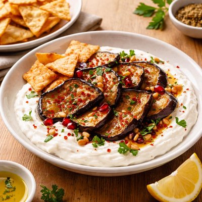 Yogurt with fried eggplant and pita chips