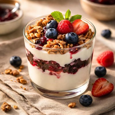 Yogurt with granola and berry compote