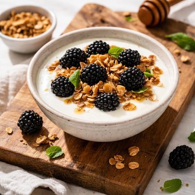 Yogurt with granola and blackberries