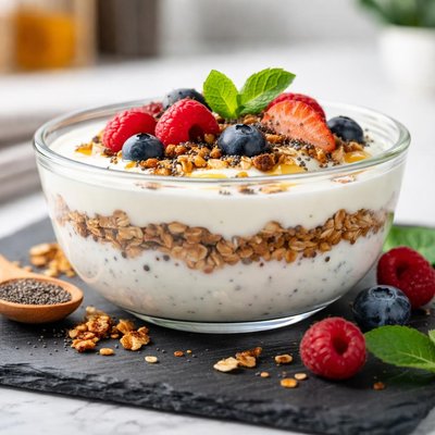 Yogurt with granola and chia seeds
