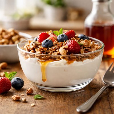 Yogurt with granola and maple syrup