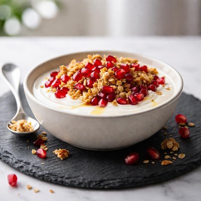 Yogurt with granola and pomegranate seeds