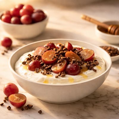 Yogurt with grapes and cacao nibs