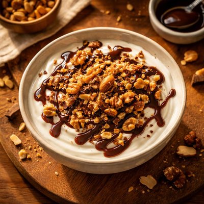 Yogurt with nuts and chocolate syrup