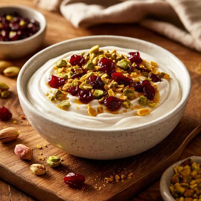 Yogurt with pistachios and dried cranberries