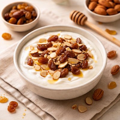 Yogurt with raisins and almonds