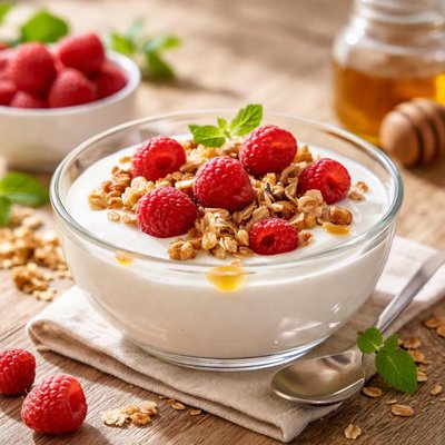Yogurt with raspberries and granola