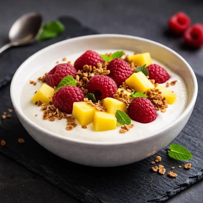 Yogurt with raspberries and mango