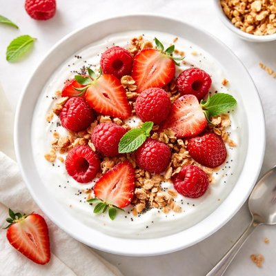Yogurt with strawberries and raspberries