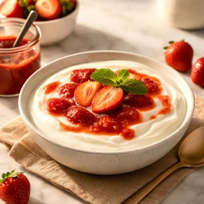 Yogurt with strawberry sauce
