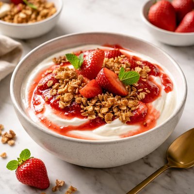 Yogurt with strawberry sauce and granola
