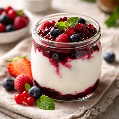 Yogurte com calda de frutas vermelhas