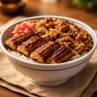 Yoshinoya beef and unagi bowl