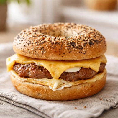 Ziggys every day bagel with sausage and gouda cheese