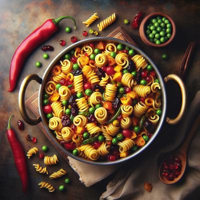 Image of 1 Pot Curried Rotini with Currants Peas and Red Peppers